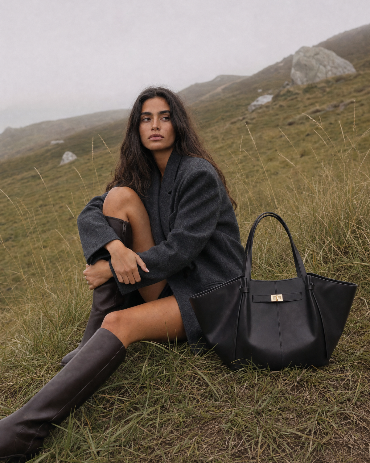Woman on a misty hillside with The Aurore Wing in Noir