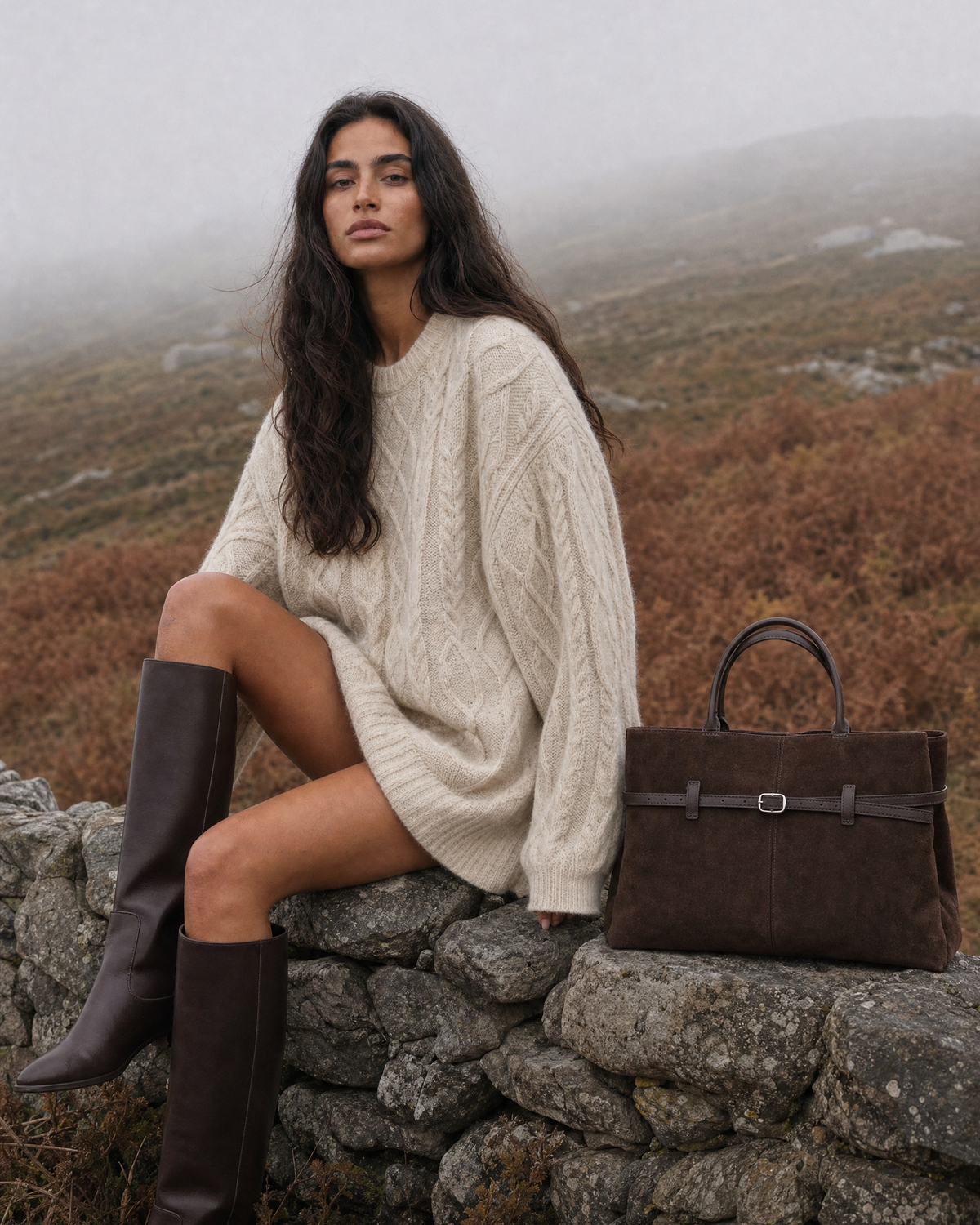 Woman on a misty autumn moor with The Brume Belted Tote in Chocolate