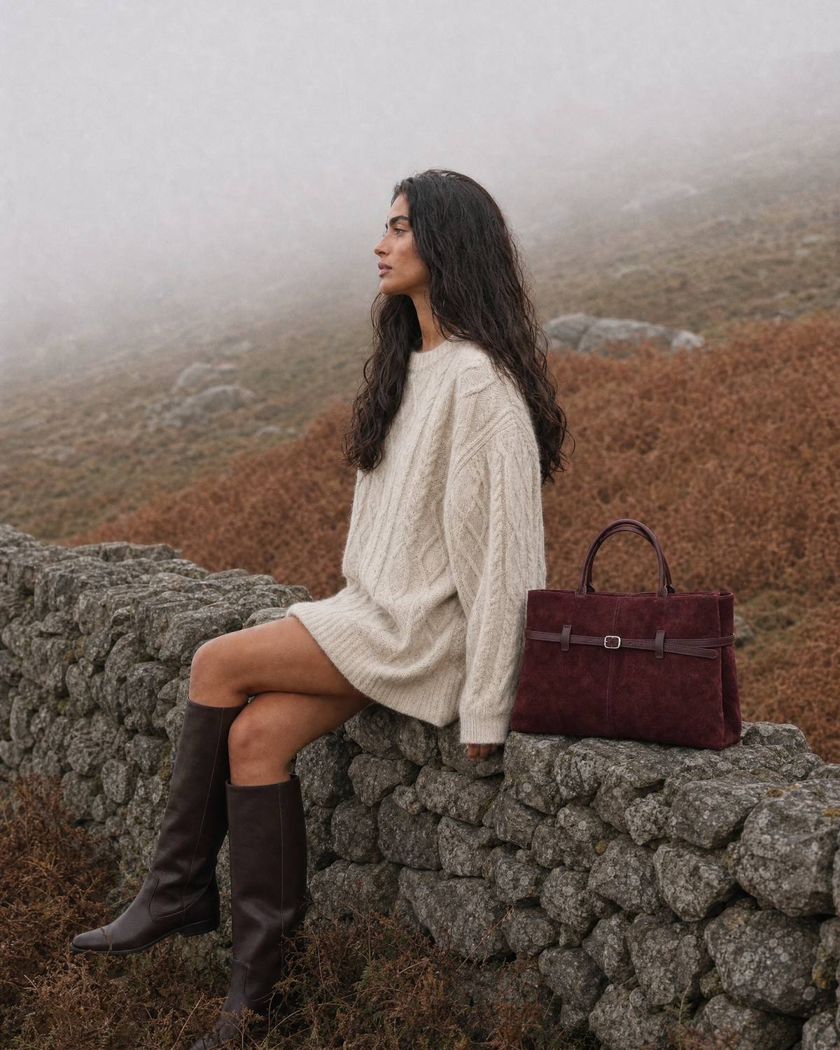 Woman on a misty autumn moor with The Brume Belted Tote in Bordeaux
