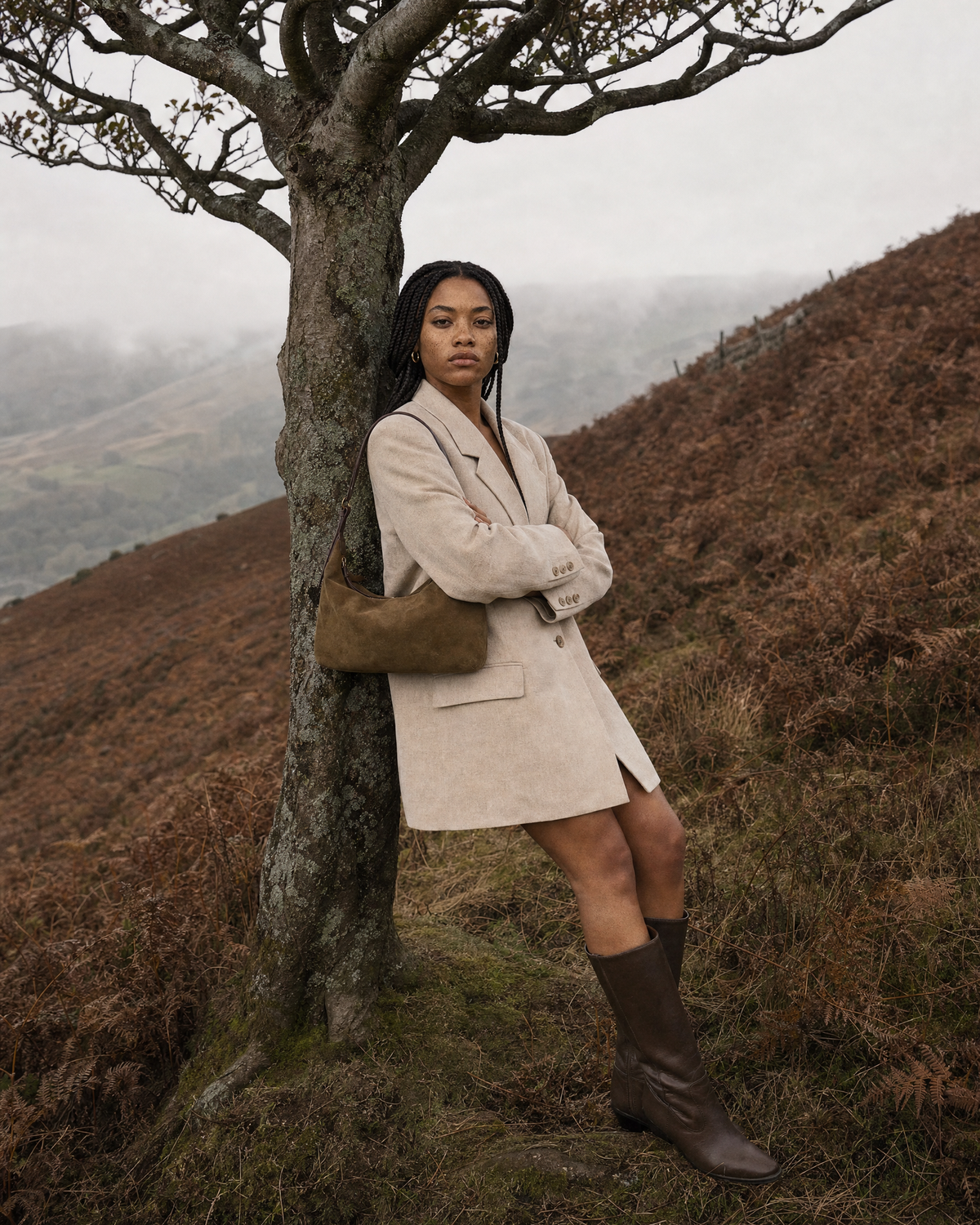 Woman leaning against a lone tree on a misty moor with The Brume Petite in Tabac