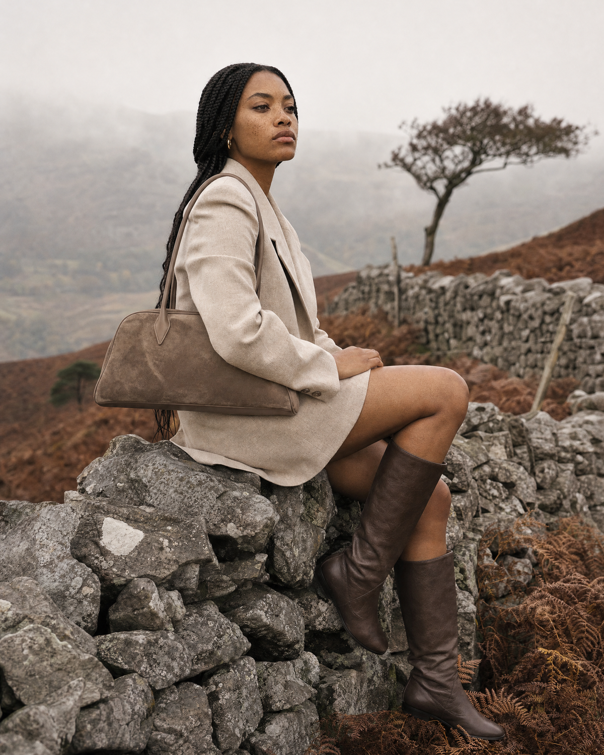 Woman sitting on a dry-stone wall with The Brume East-West in Galet