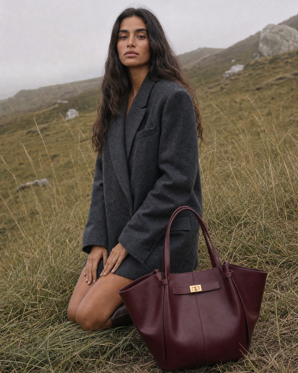 Woman on a misty hillside with The Aurore Wing in Bordeaux