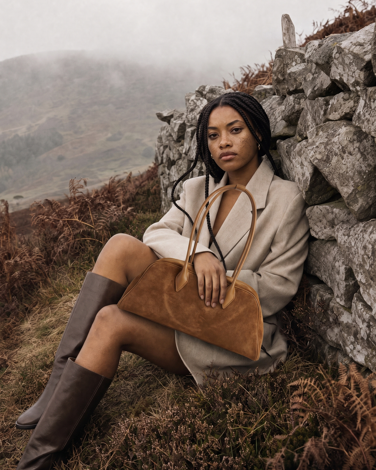 Woman leaning against a dry-stone wall with The Brume East-West in Tabac on her lap