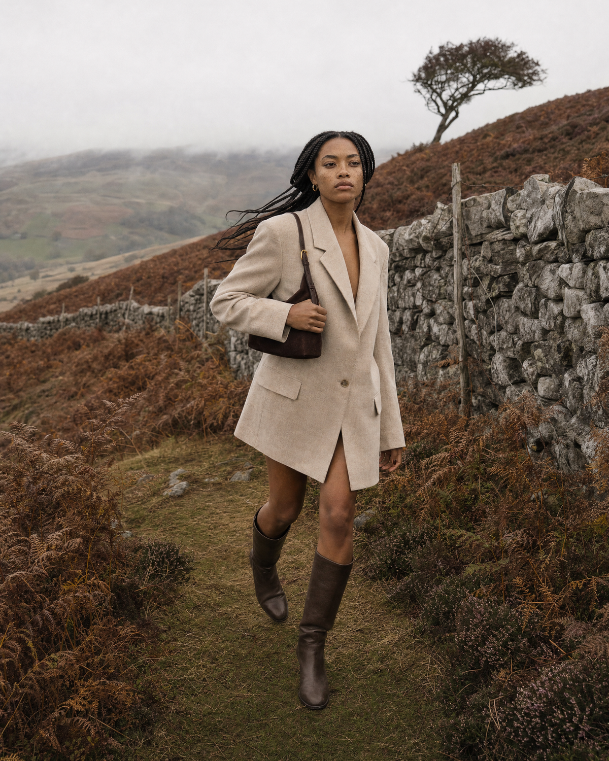 Woman walking along a dry-stone wall on a misty moor with The Brume Petite in Chocolate