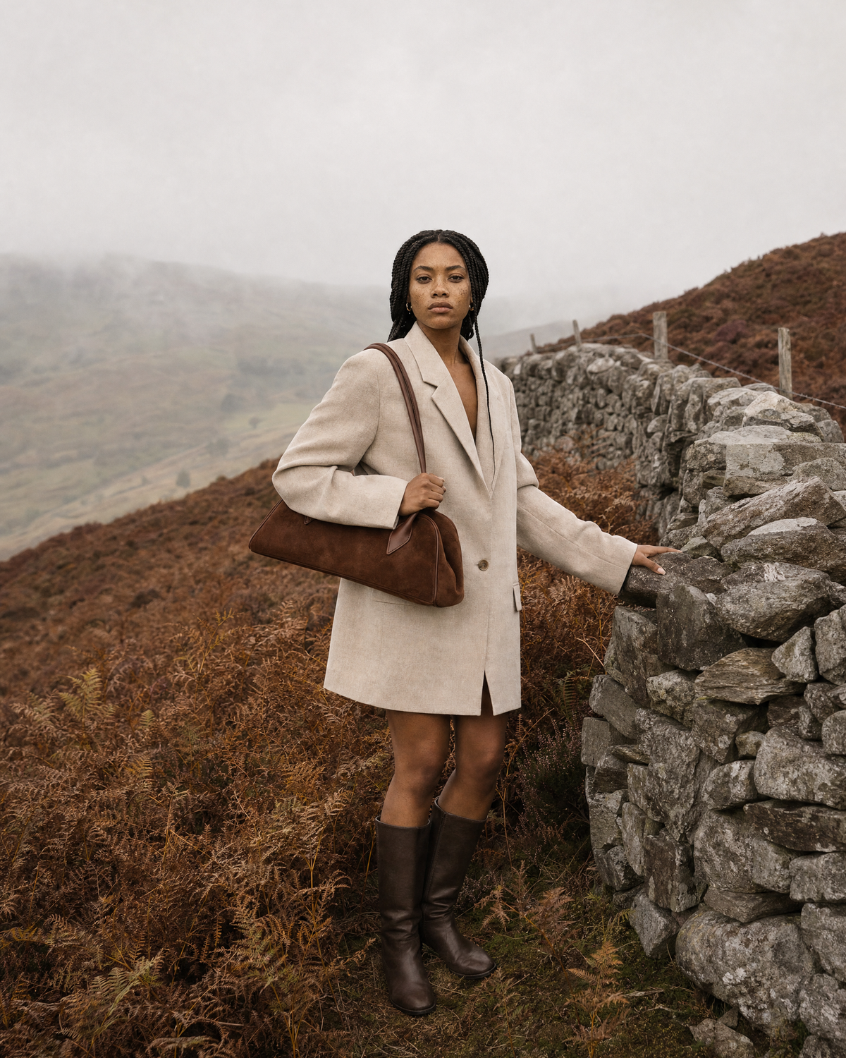 Woman by a dry-stone wall with The Brume East-West in Chocolate