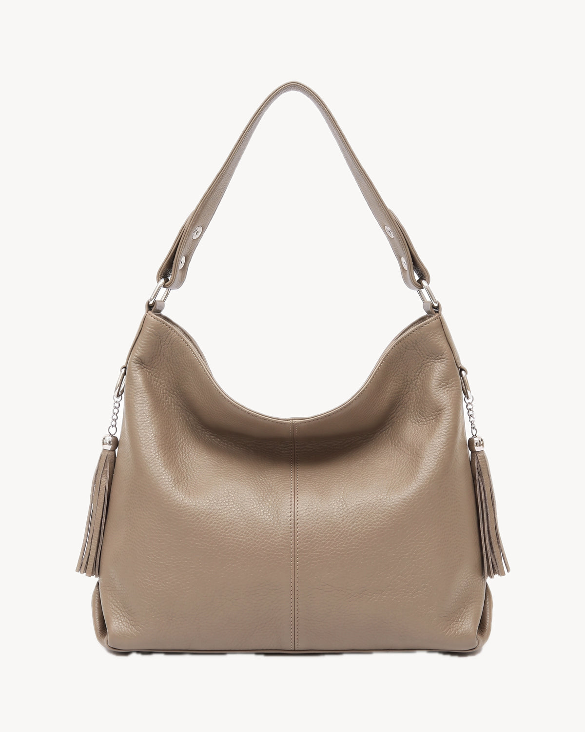 The Houle Soft in Taupe, taupe pebbled leather hobo bag, front view