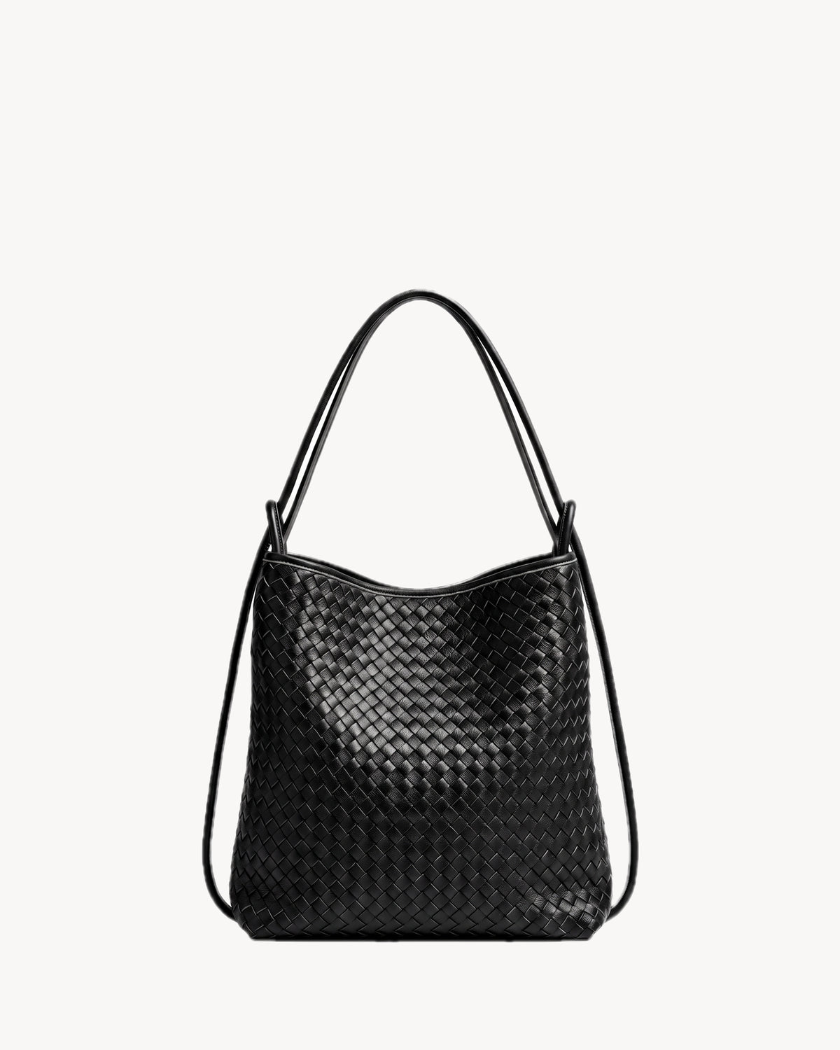 The Embellie Mini in Noir Mat, matte black woven leather convertible tote, front view