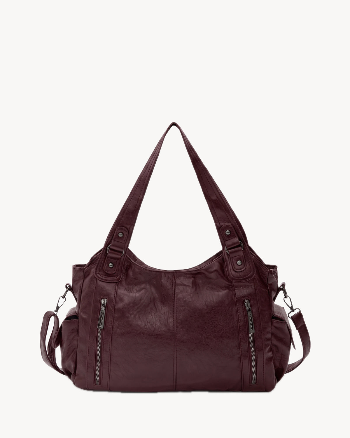 The Estran in Bordeaux, front view with detachable crossbody strap