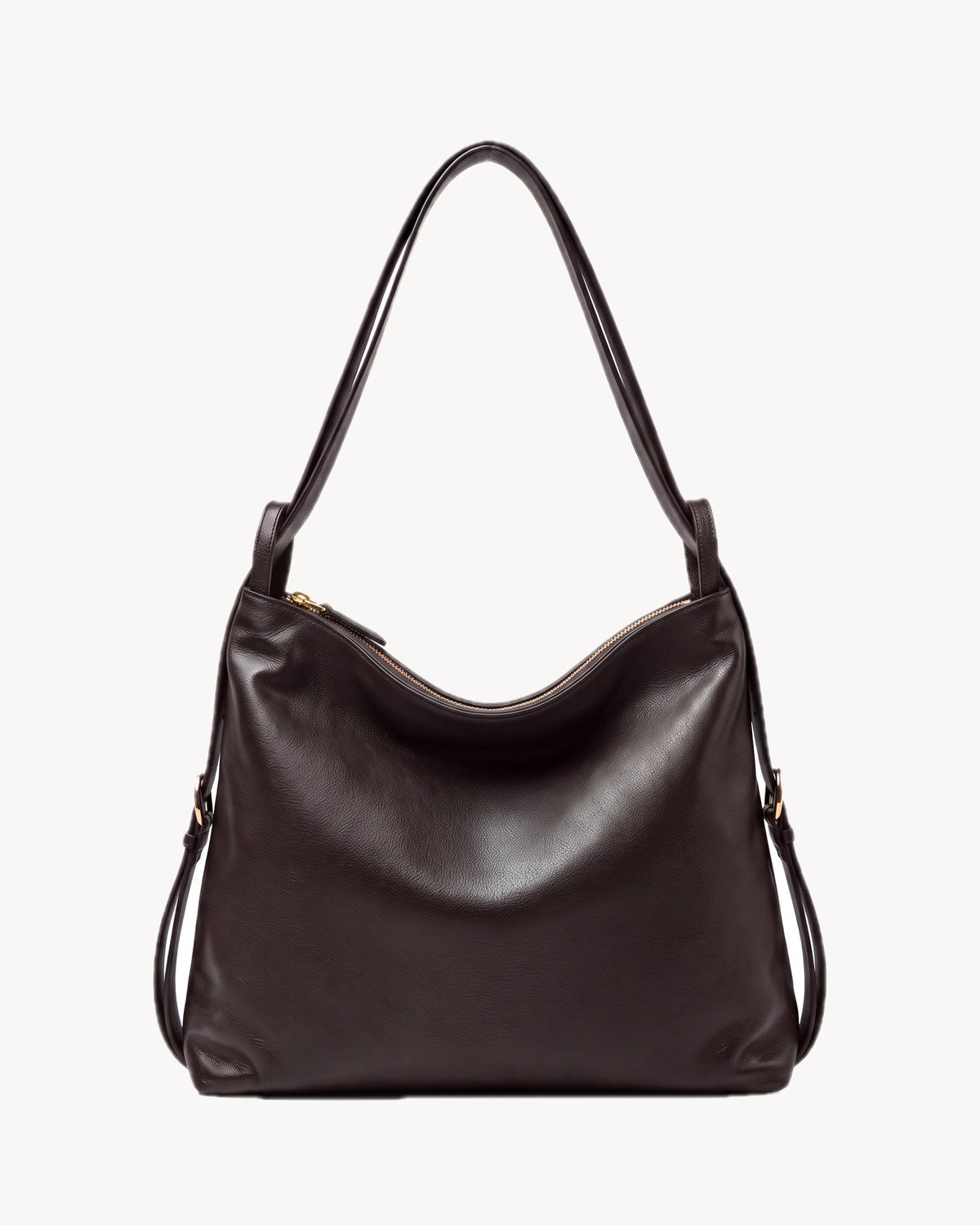 The Jusant in Chocolate, dark chocolate pebbled leather convertible backpack, front view