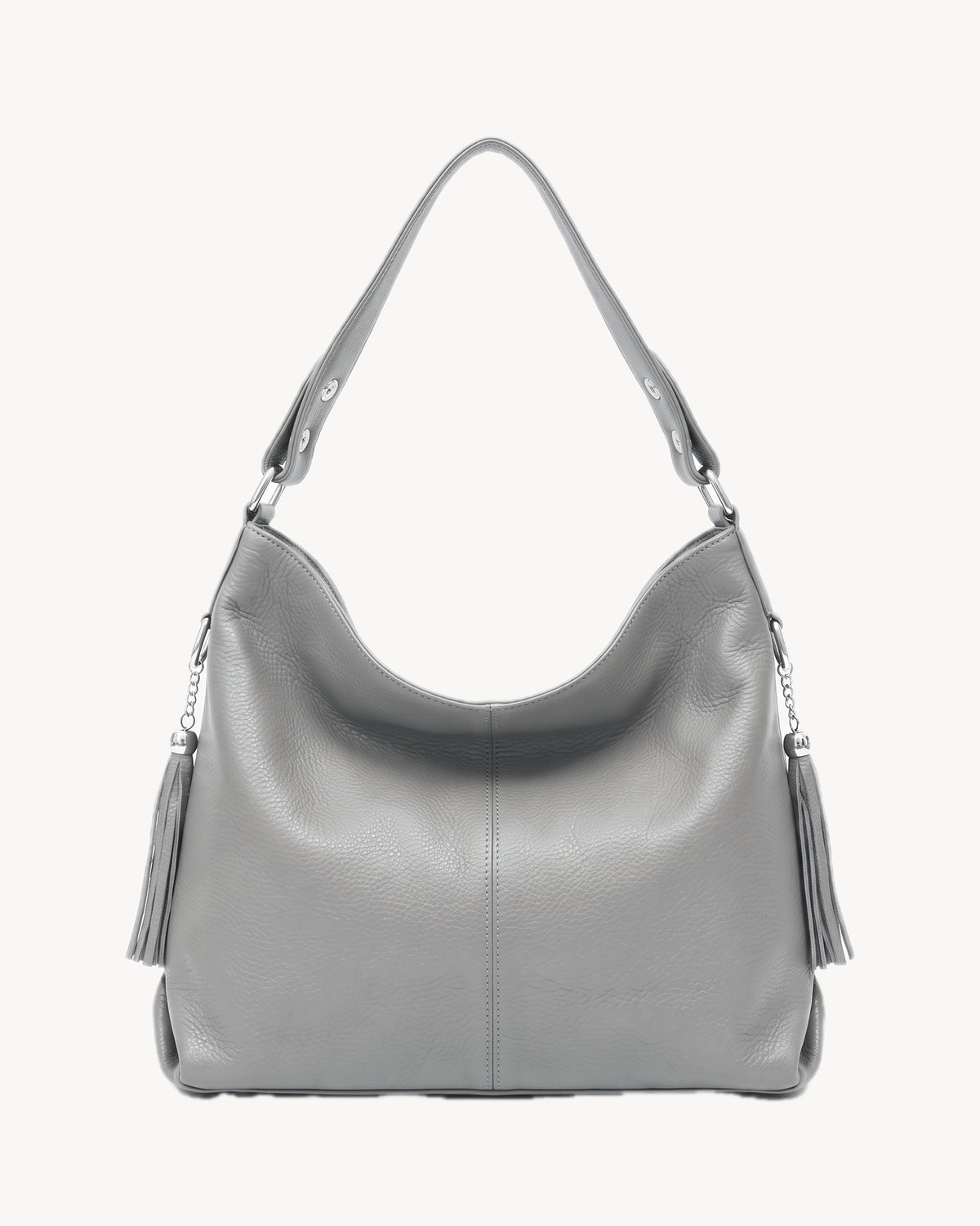 The Houle Soft in Galet, pebble grey pebbled leather hobo bag, front view