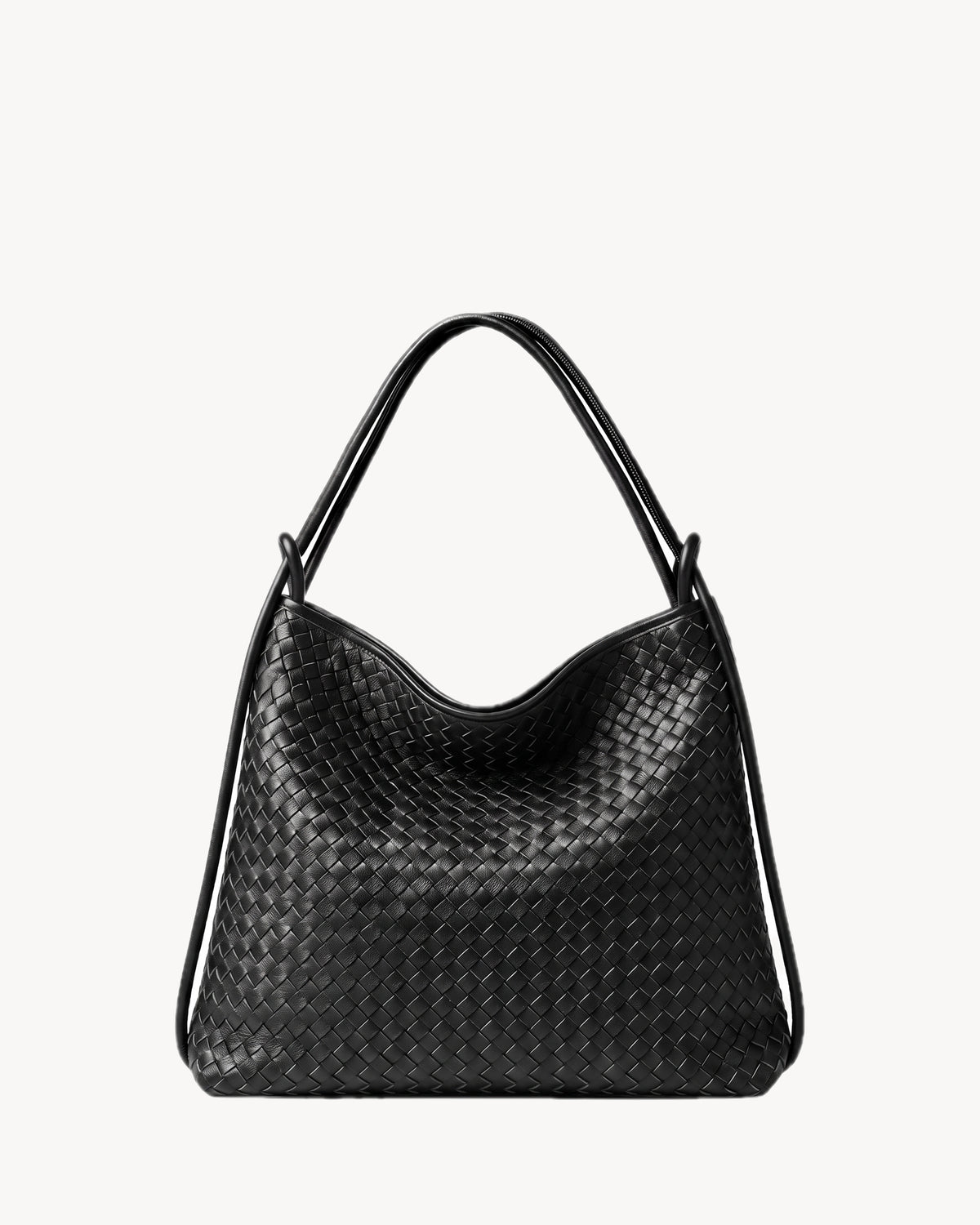 The Embellie in Noir Mat, matte black woven leather convertible tote, front view