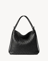 The Embellie in Noir Mat, matte black woven leather convertible tote, front view