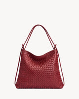 The Embellie in Bordeaux, burgundy woven leather convertible tote, front view