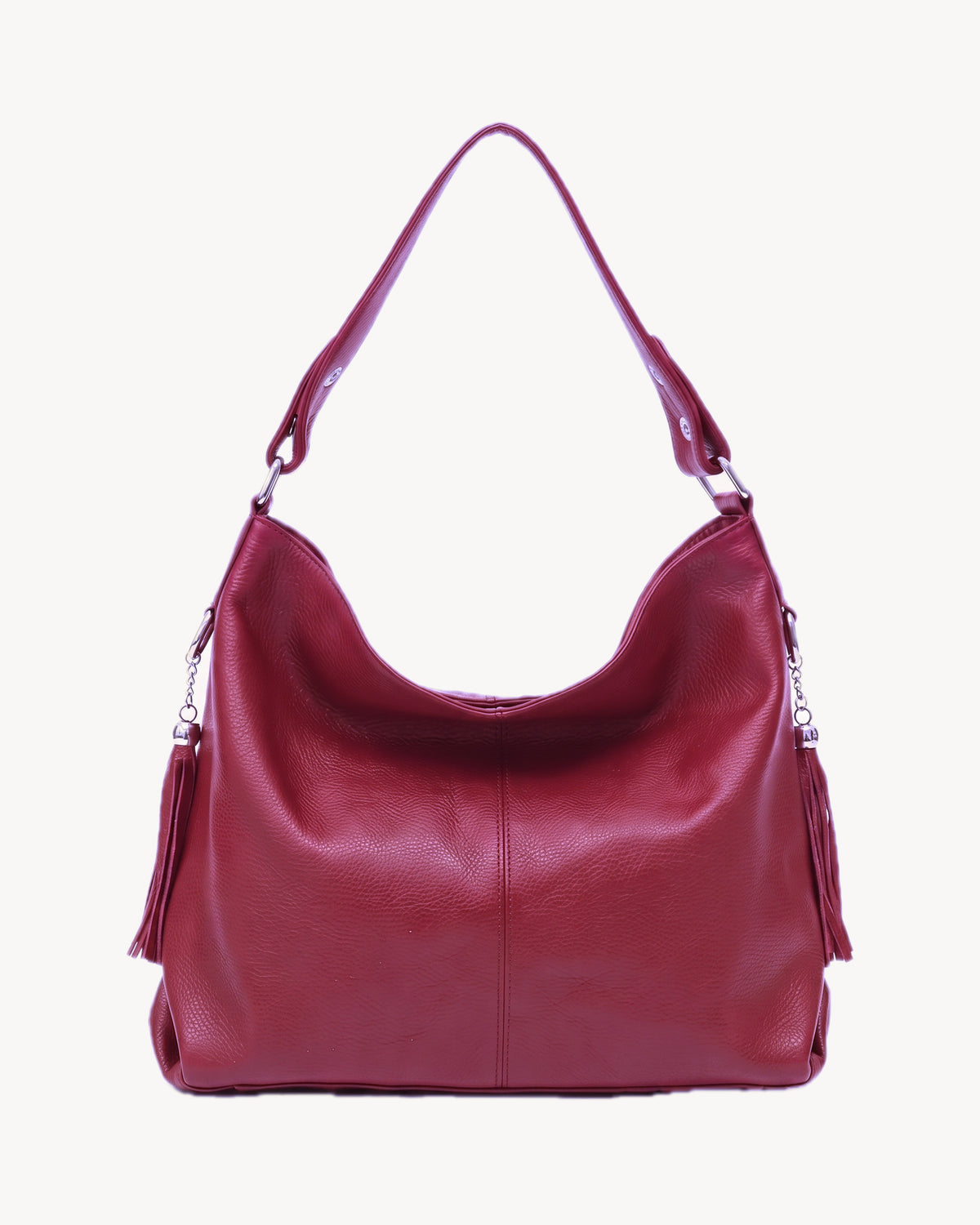 The Houle Soft in Bordeaux, berry bordeaux pebbled leather hobo bag, front view