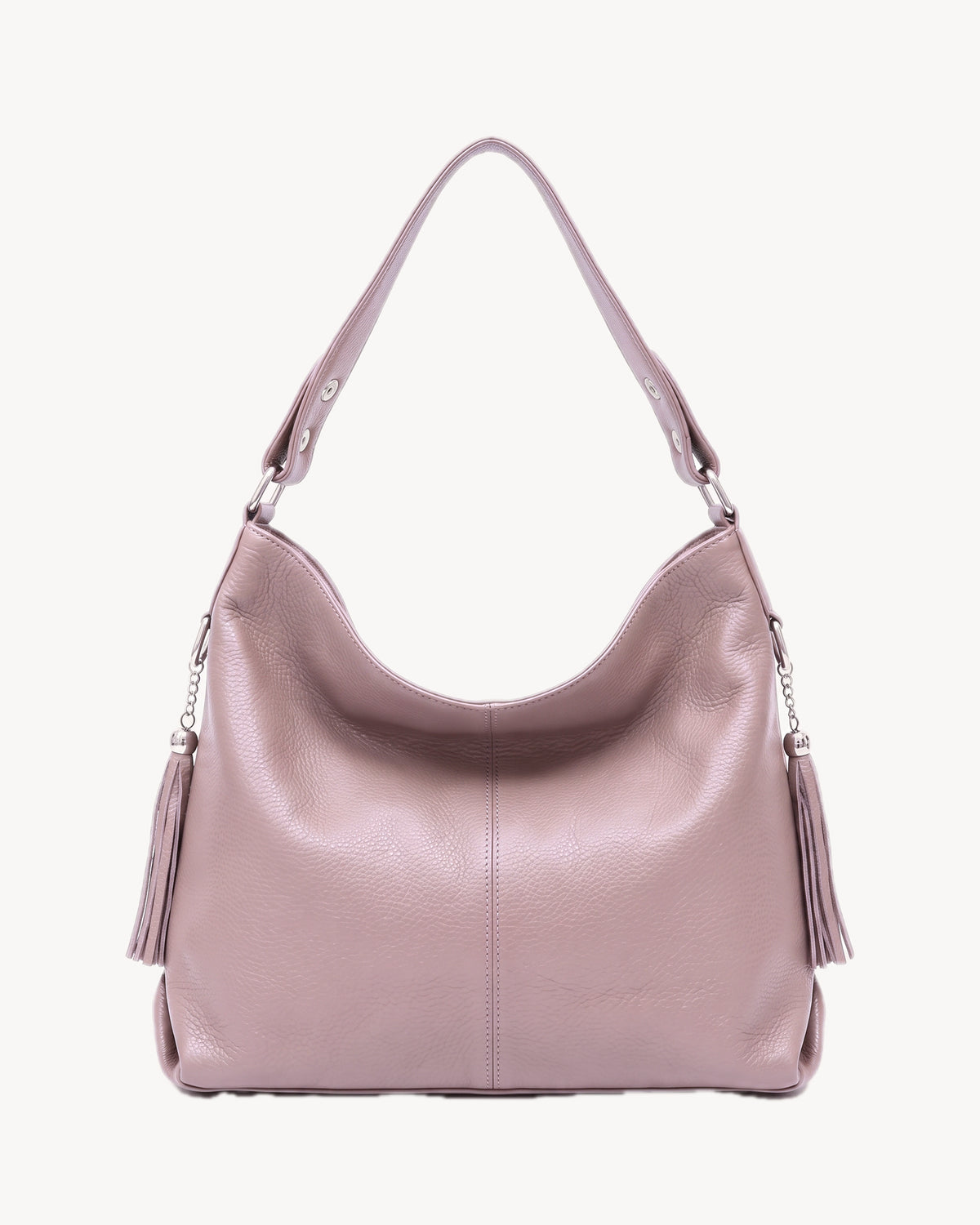 The Houle Soft in Rose, dusty rose grained leather hobo bag, front view
