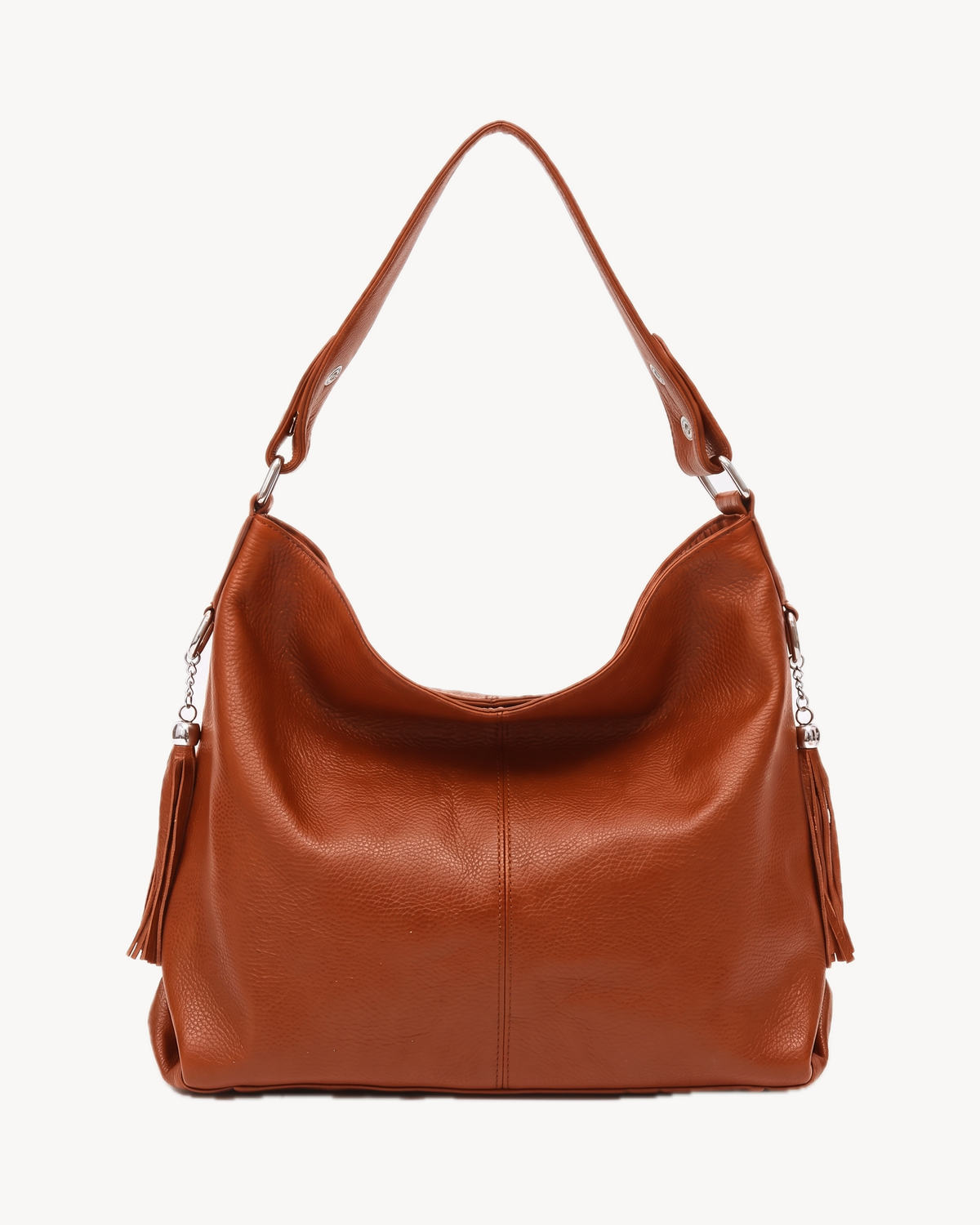 The Houle Soft in Cognac, cognac brown pebbled leather hobo bag, front view