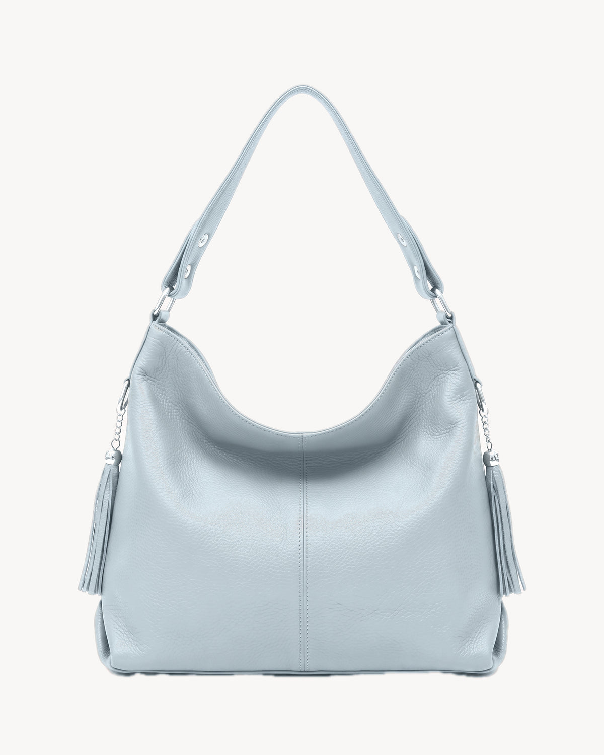 The Houle Soft in Ciel, powder sky blue grained leather hobo bag, front view