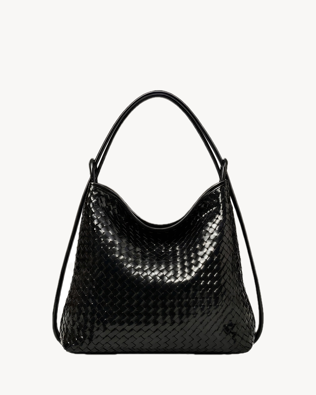 The Embellie in Noir, glossy black woven leather convertible tote, front view