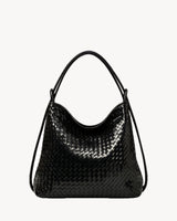 The Embellie in Noir, glossy black woven leather convertible tote, front view