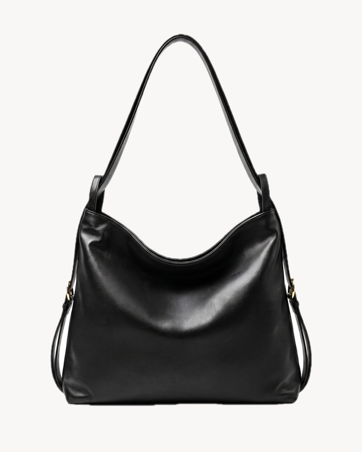 The Jusant in Noir, black pebbled leather convertible backpack, front view