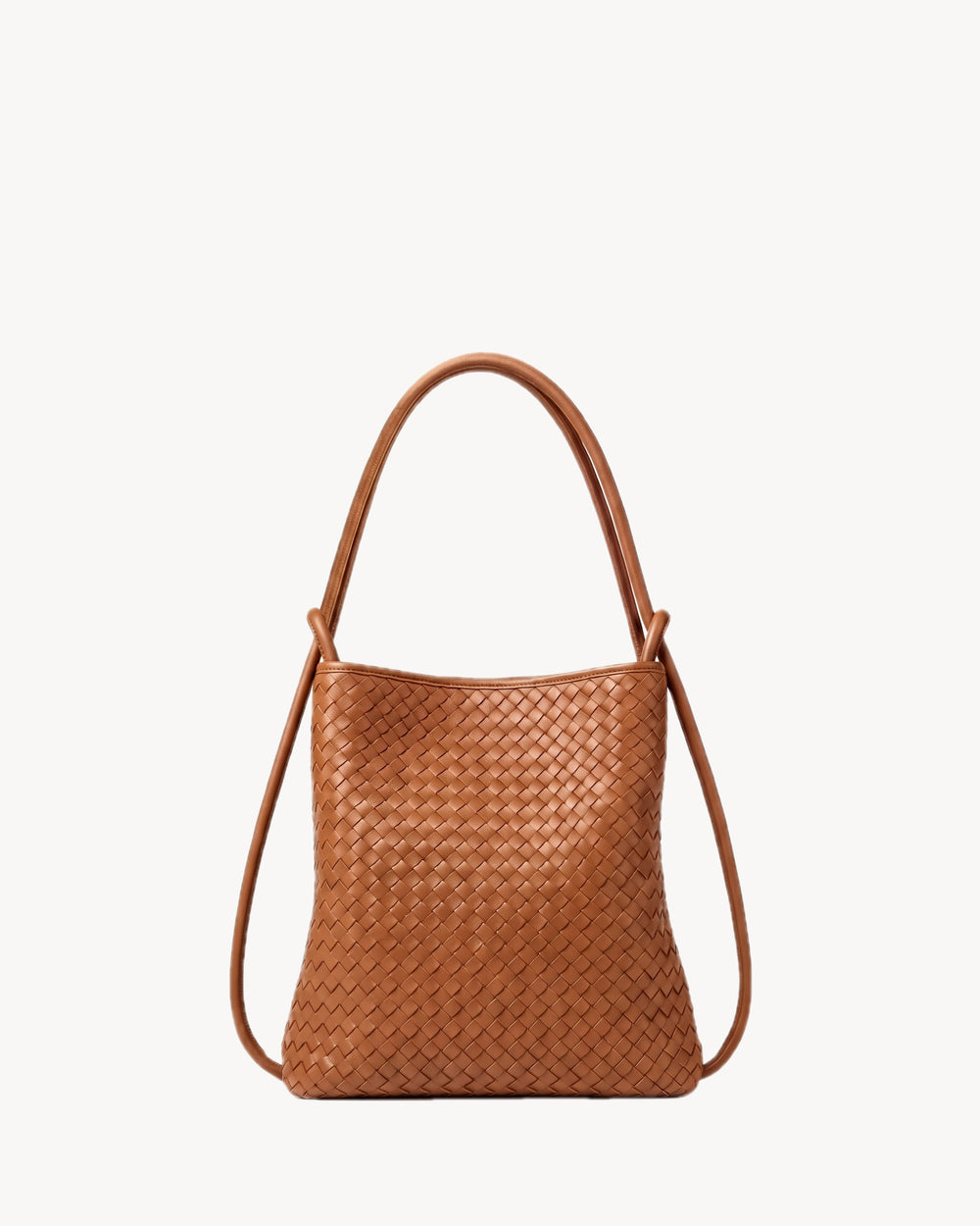 The Embellie Mini in Cognac, tan woven leather convertible tote, front view