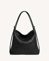 The Embellie Grand in Noir Mat, matte black woven leather convertible tote, front view