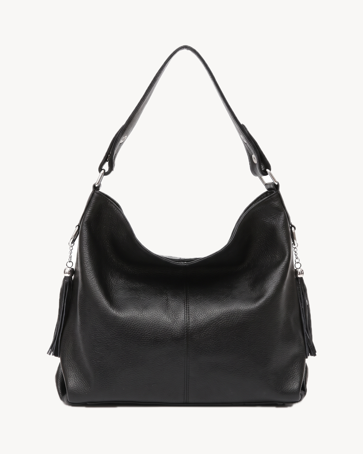 The Houle Soft in Noir, black pebbled leather hobo bag, front view