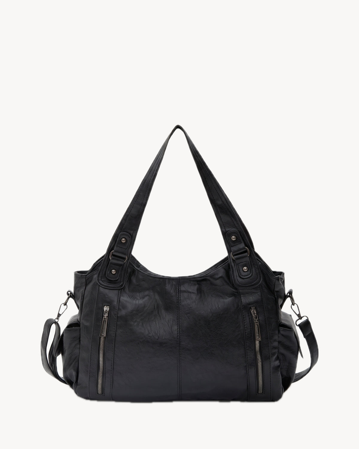 The Estran in Noir, front view with detachable crossbody strap