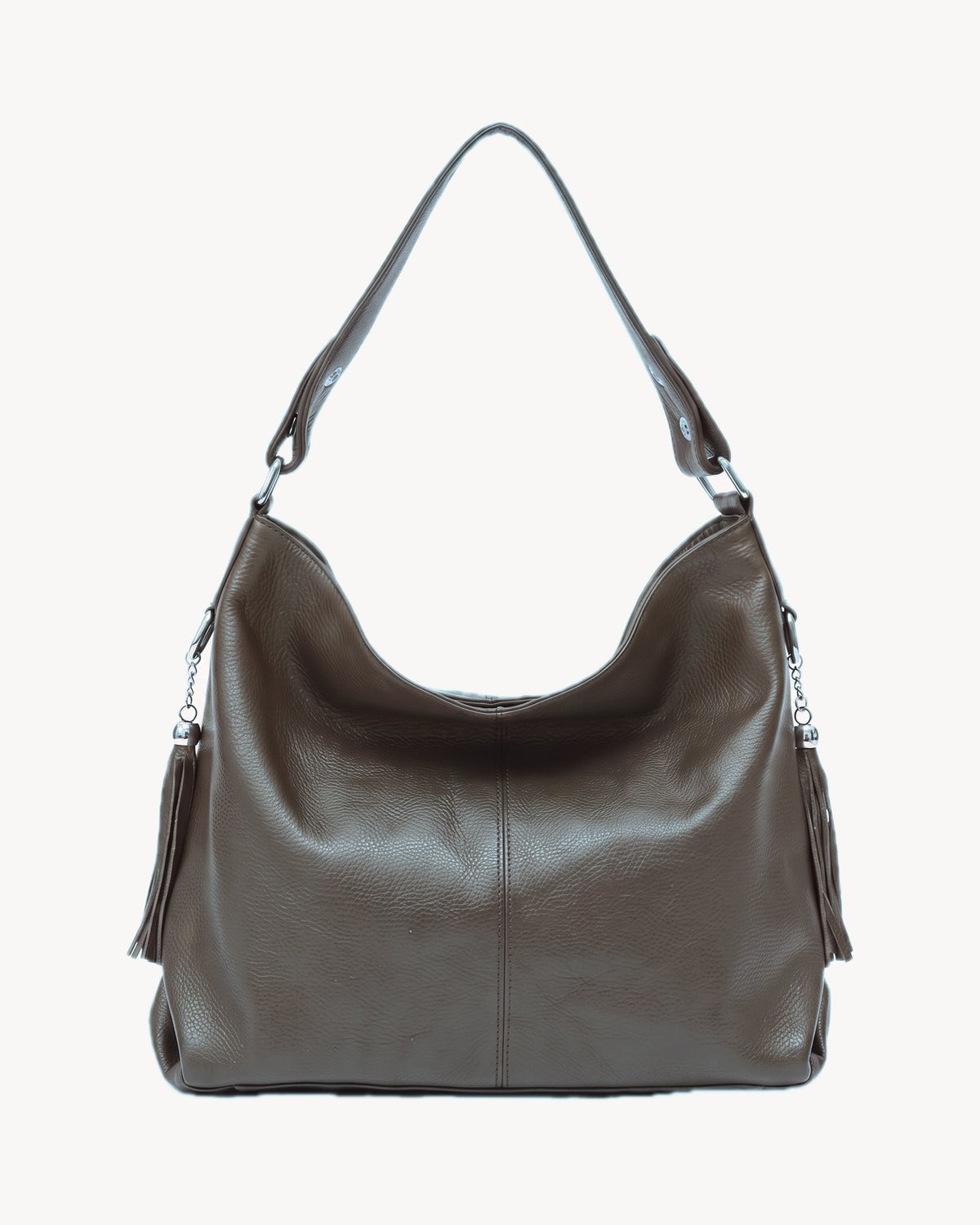 The Houle Soft in Bronze, pewter grained leather hobo bag, front view