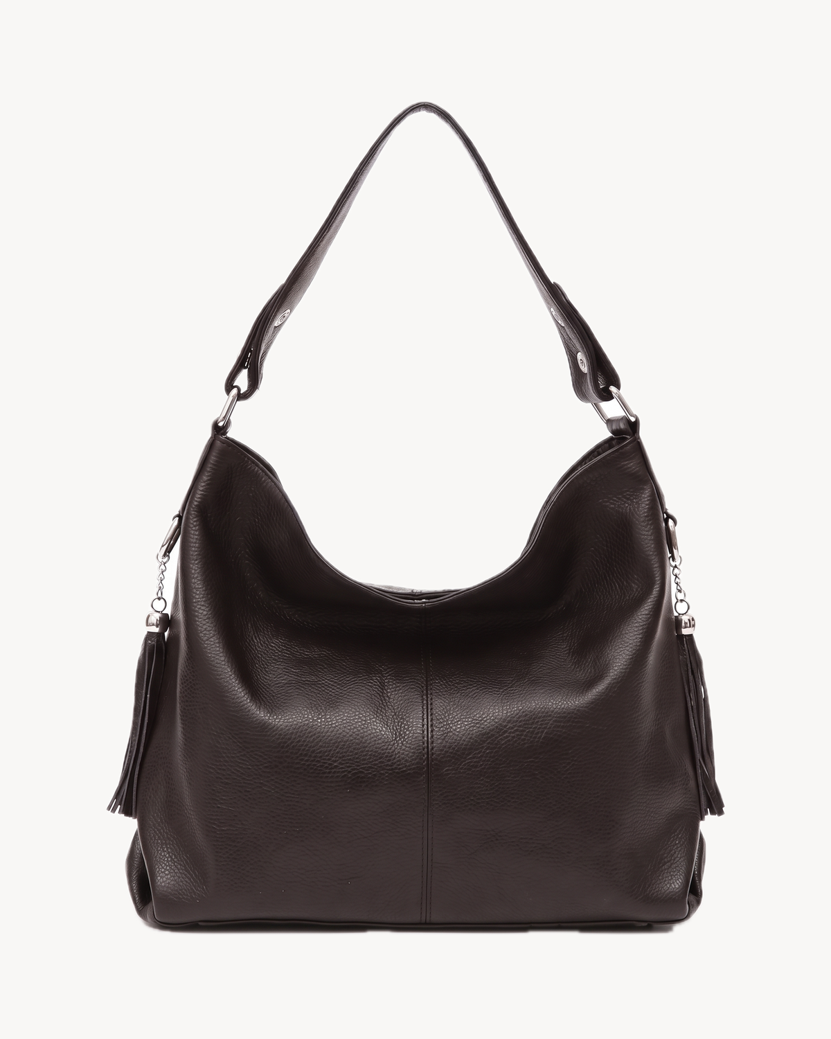 The Houle Soft in Espresso, espresso brown pebbled leather hobo bag, front view
