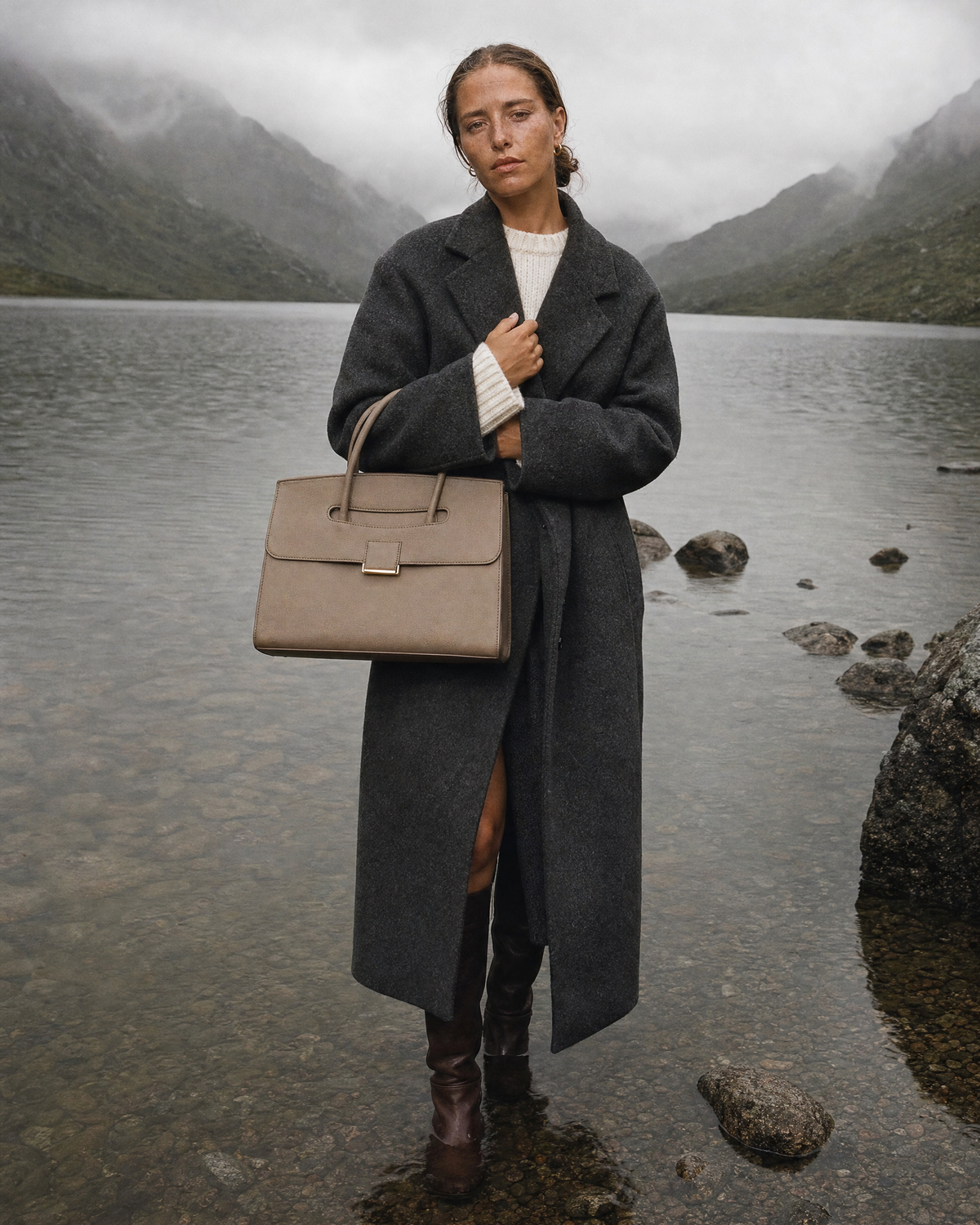 Woman standing in the shallows of a loch with The Aurore Briefcase in Sable