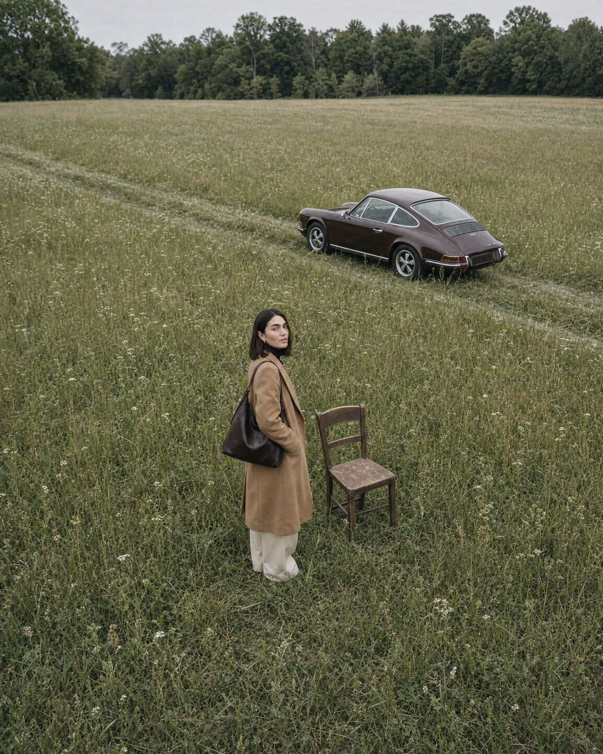 Drone view of a meadow with a woman, a wooden chair and The Houle in Espresso