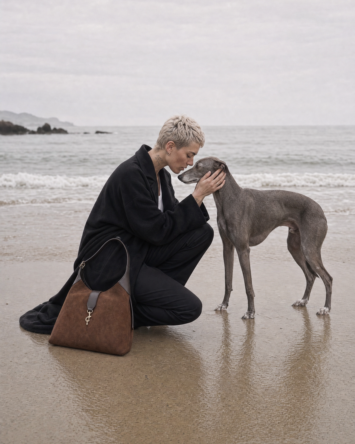Woman kneeling with her whippet on the beach beside The Brume Clip Hobo in Chocolate