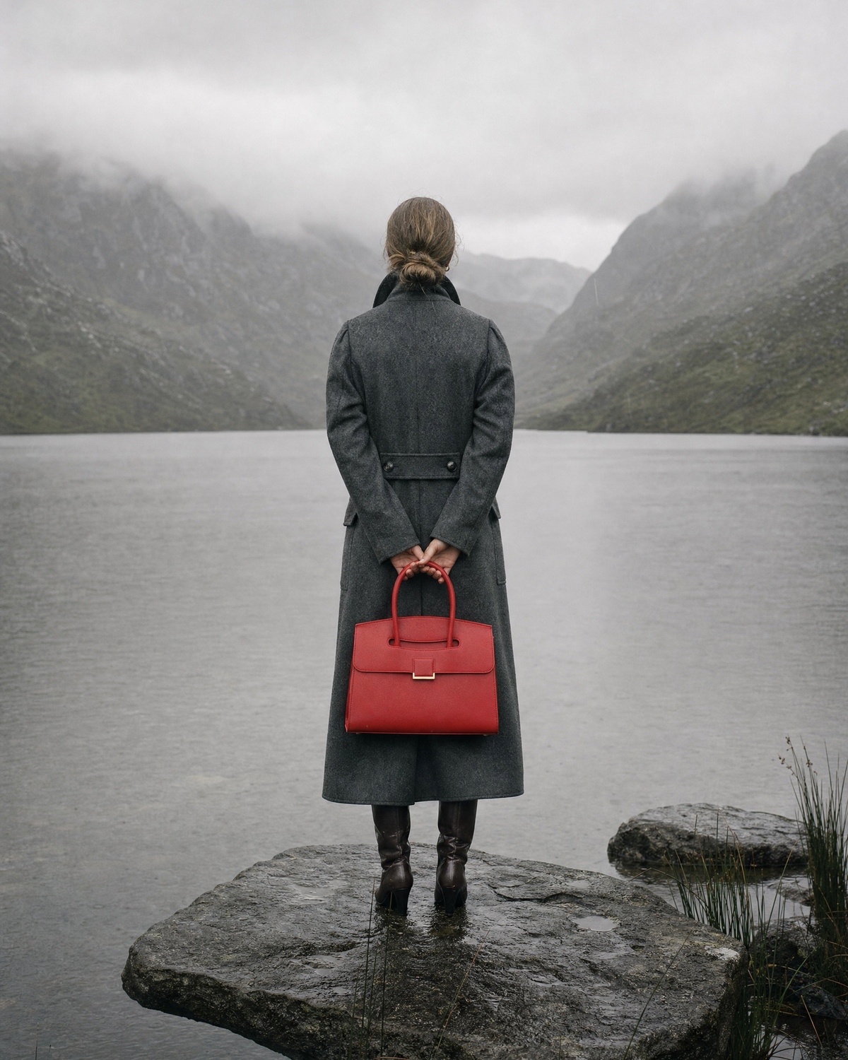Woman by a misty loch holding The Aurore Briefcase in Rouge behind her back