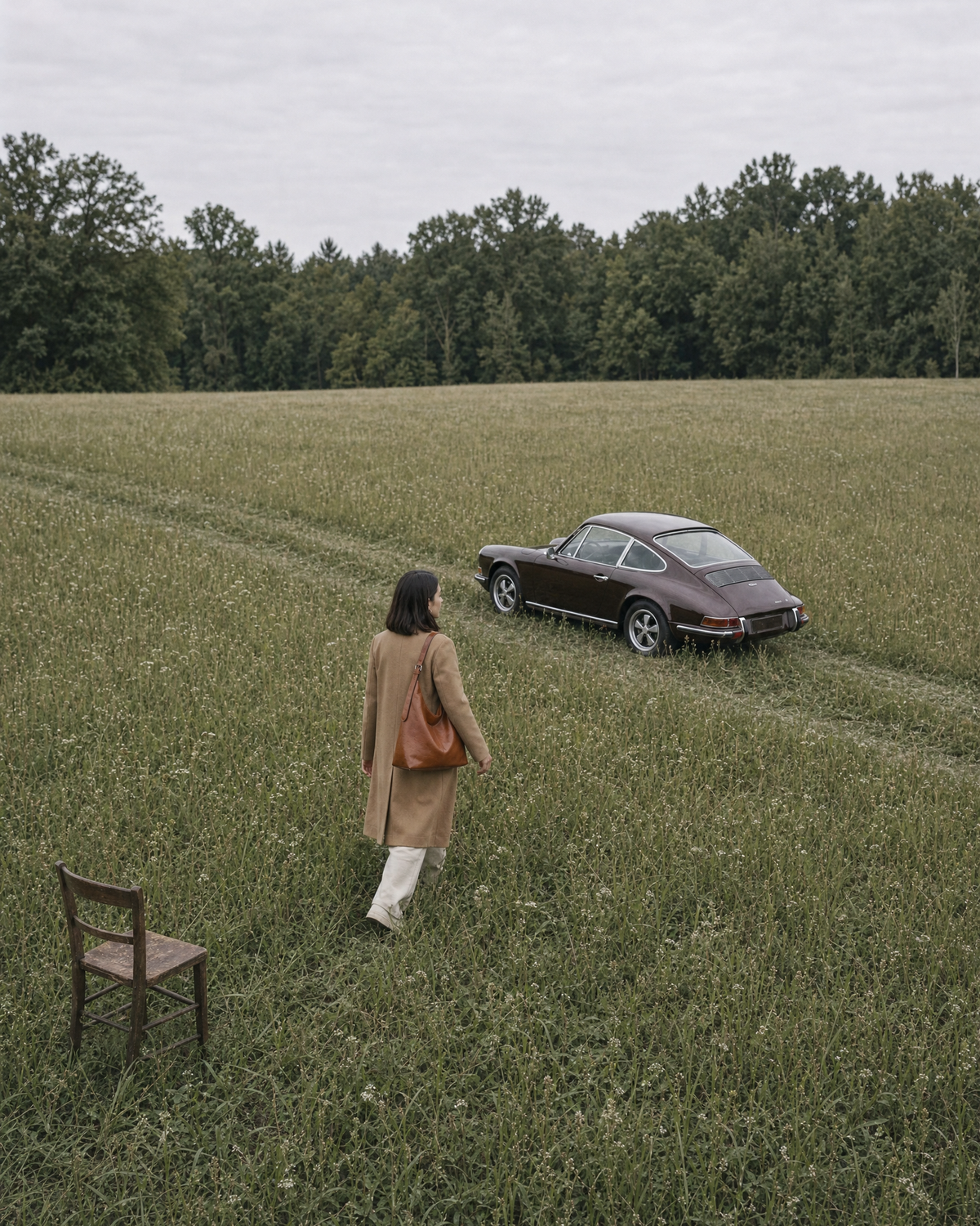 Drone view of a woman crossing a meadow toward a vintage car with The Houle in Cognac