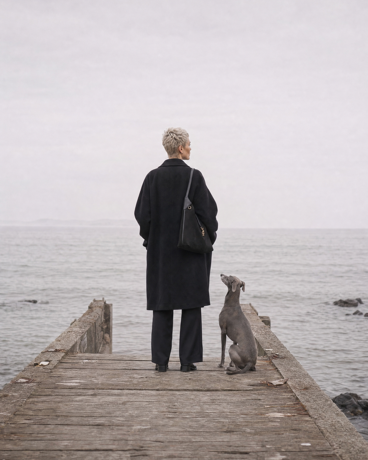 Woman and her whippet at the end of a jetty with The Brume Clip Hobo in Noir