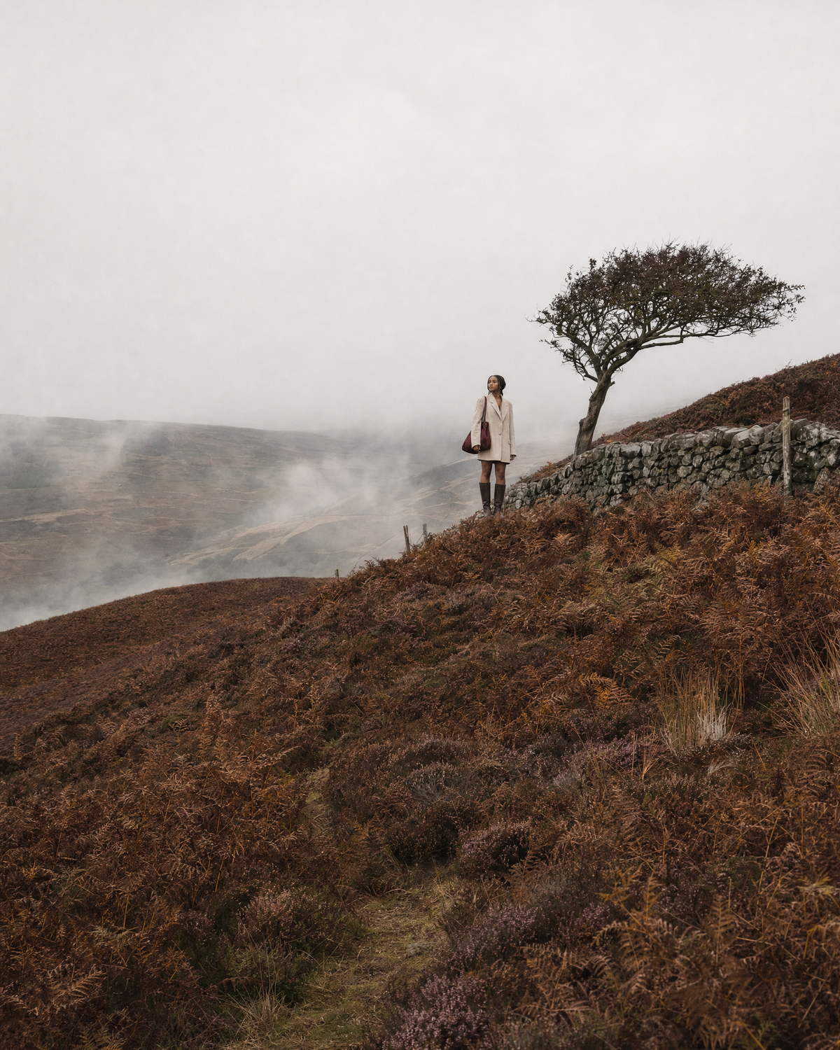 Woman on a misty ridge by a lone tree with The Brume East-West in Bordeaux