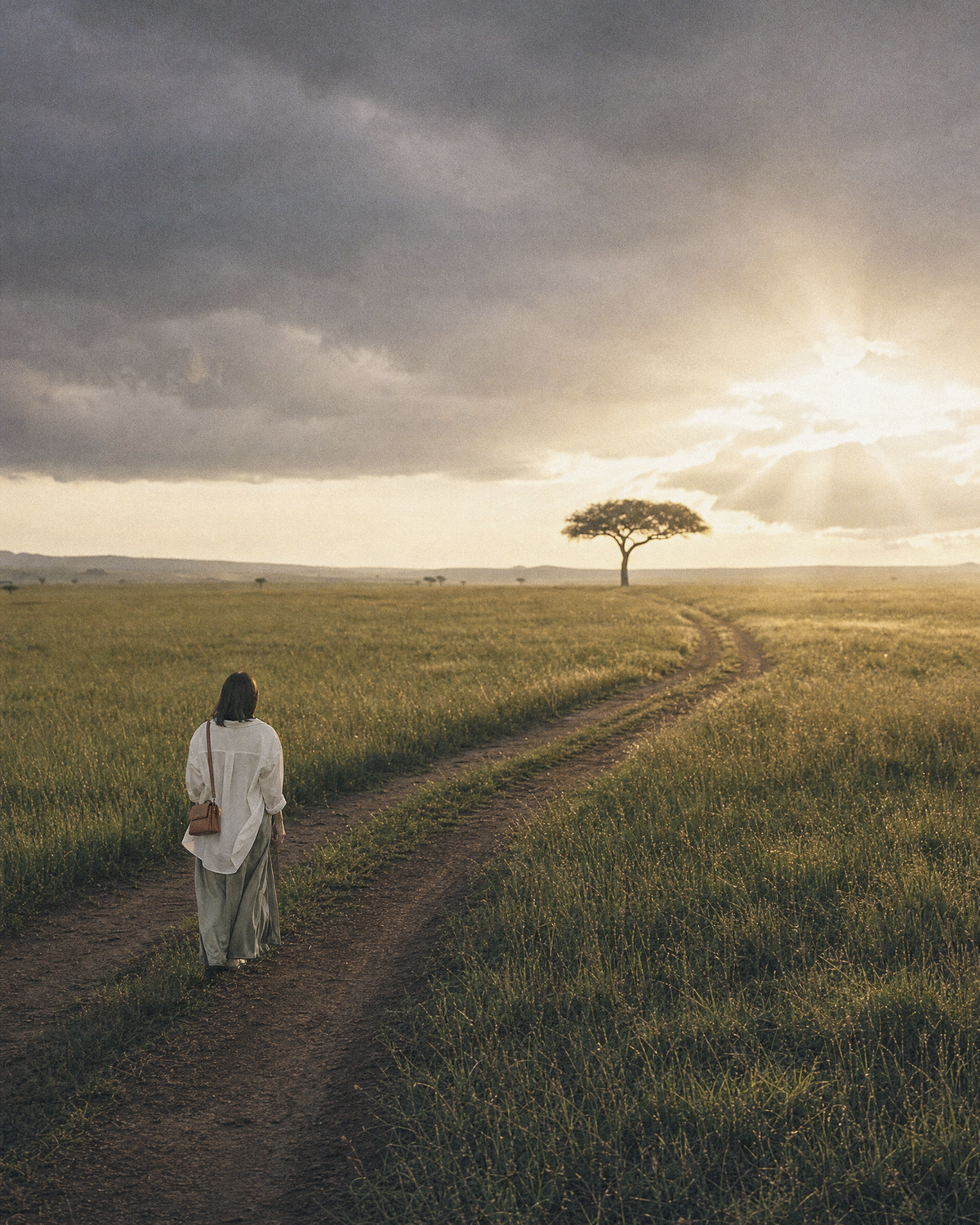Woman walking along a dirt track through the savanna with The Brise in Cognac