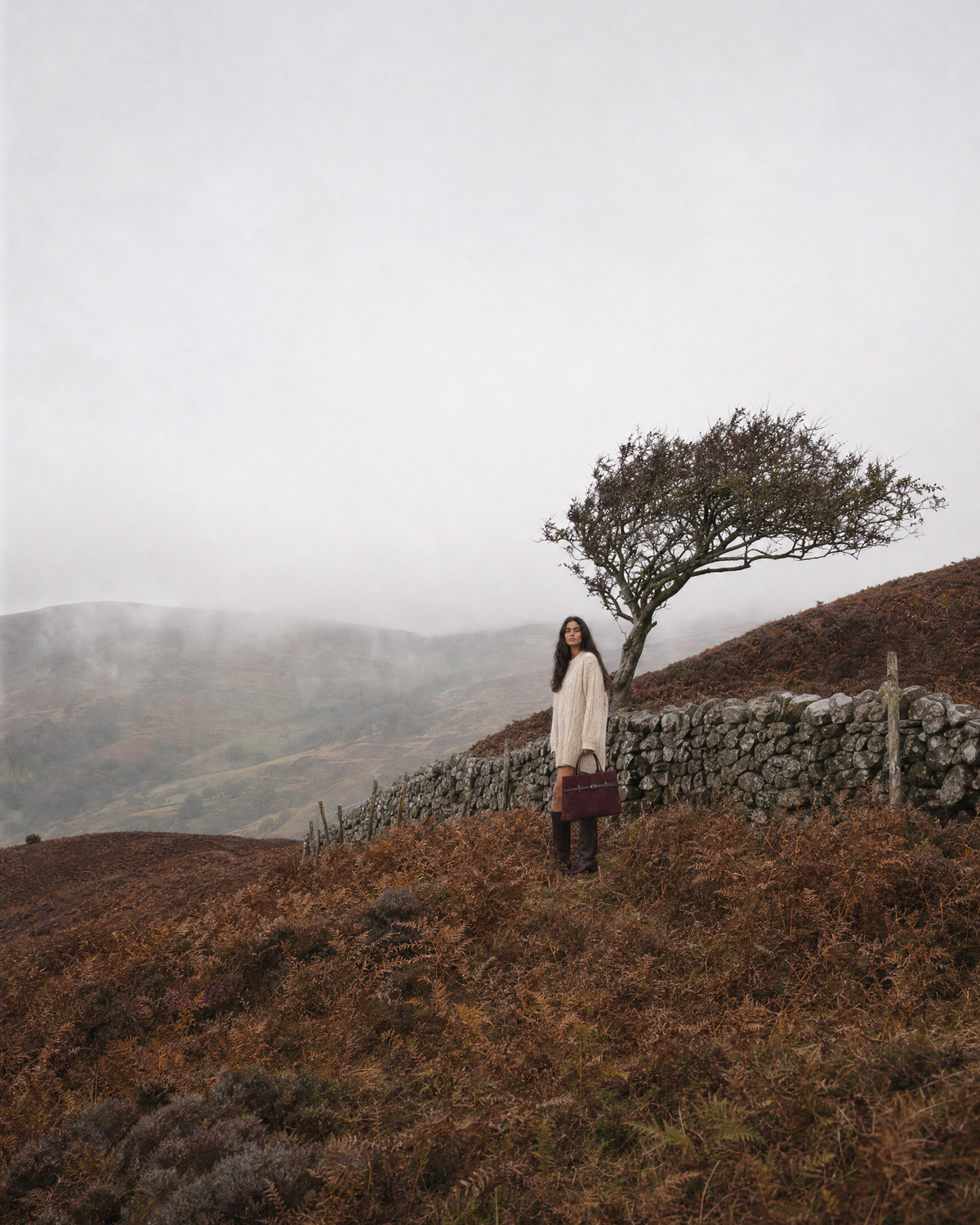 Wide view of a misty moor with The Brume Belted Tote in Bordeaux