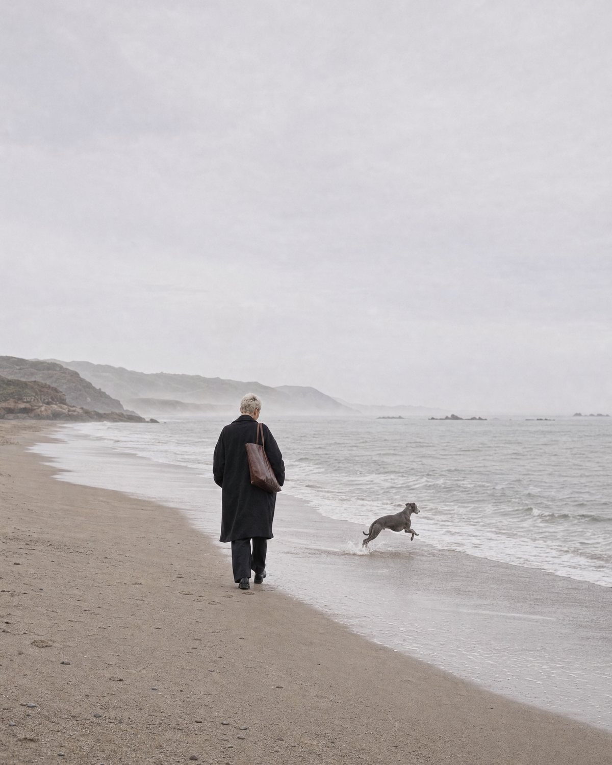Woman on an empty beach with The Marée Grand in Espresso