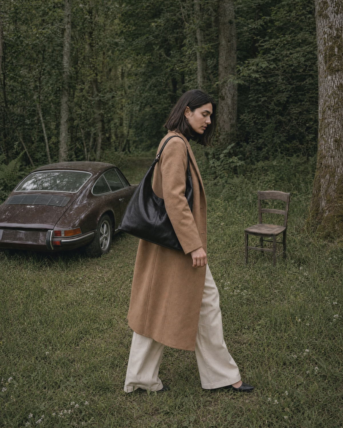 Woman walking into the forest past a vintage brown car with The Houle in Noir