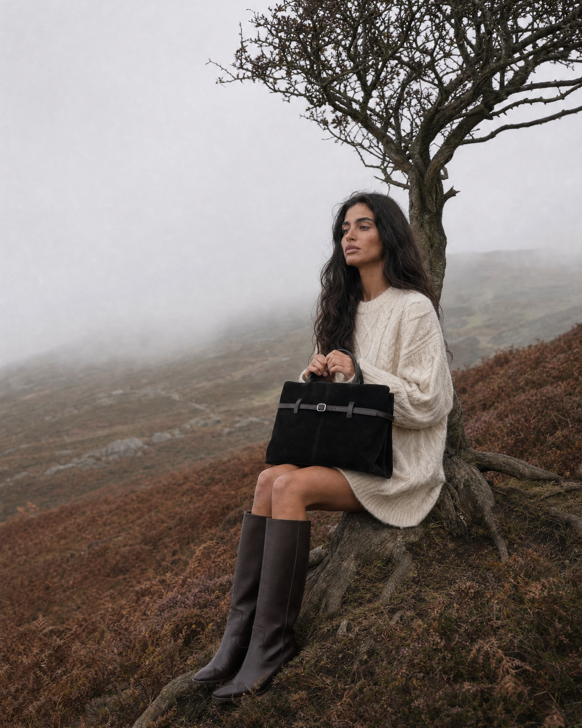 Wide view of a misty moor with The Brume Belted Tote in Noir