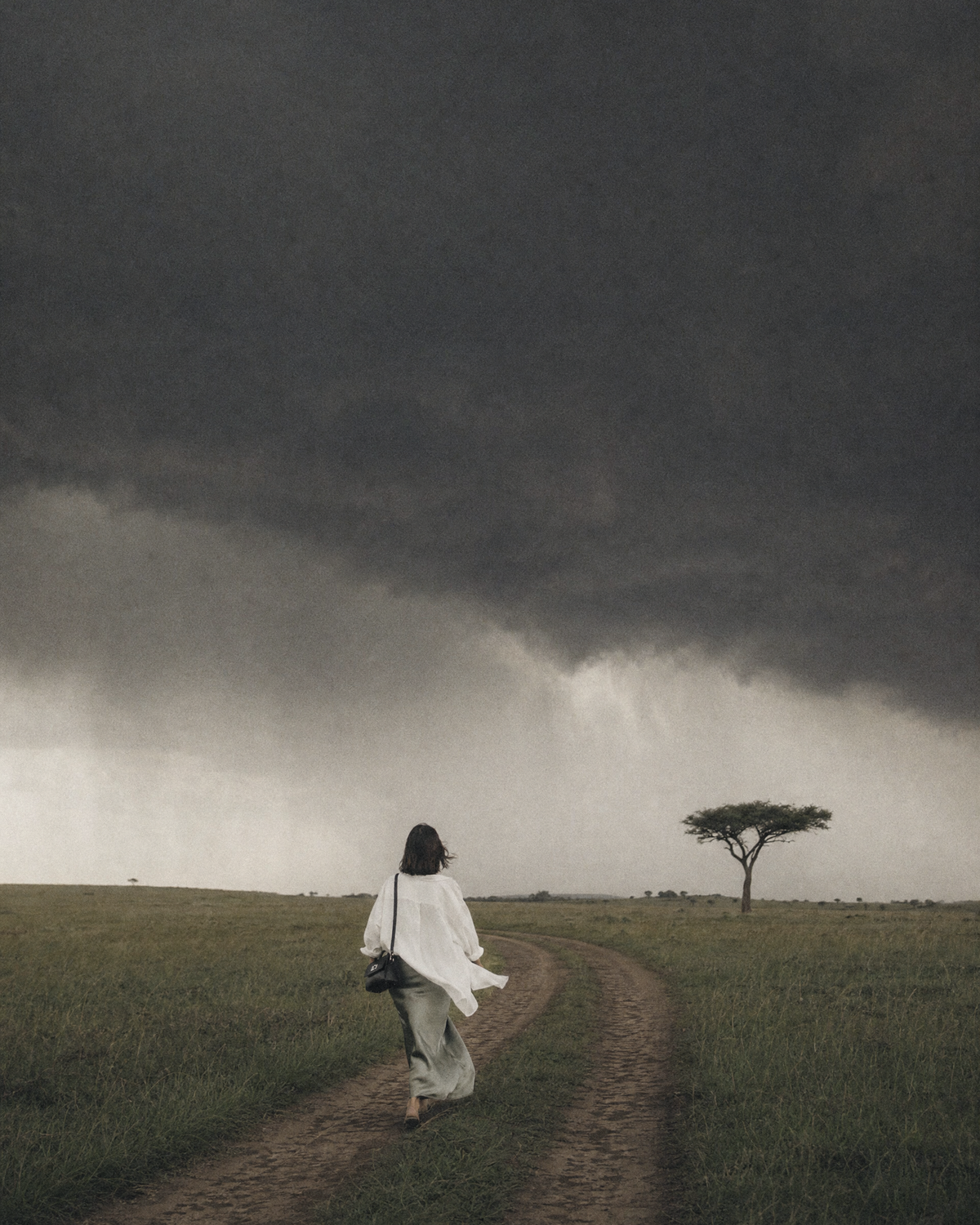 Woman walking along a dirt track through the savanna with The Brise in Noir