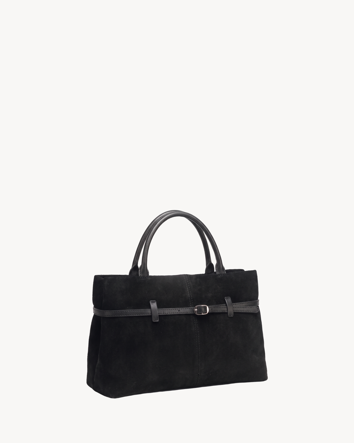 The Brume Belted Tote in Noir, three-quarter view