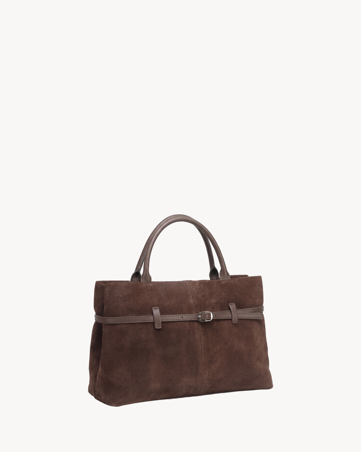 The Brume Belted Tote in Chocolate, three-quarter view