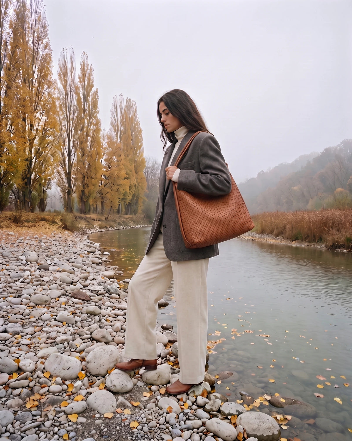 The Embellie Grand in Caramel, large caramel woven leather tote worn on the shoulder by the river