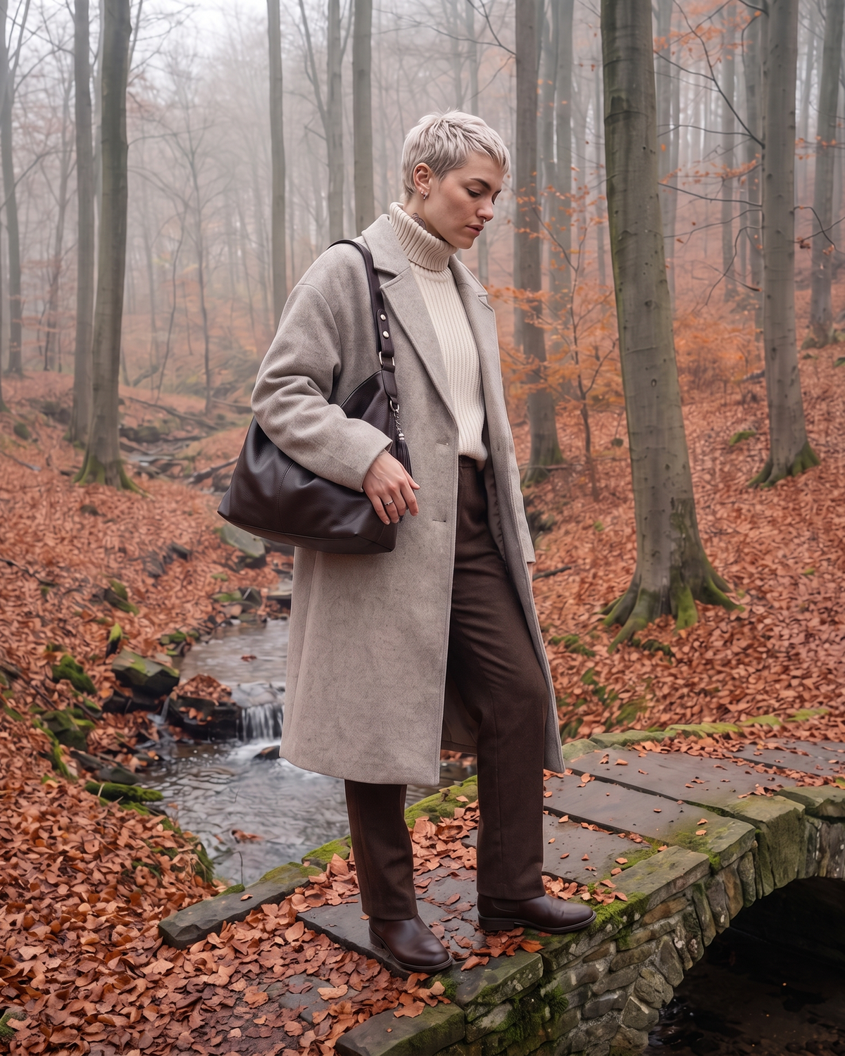 The Houle Soft in Espresso, espresso brown leather hobo bag worn on the shoulder by a model on a stone footbridge in a misty autumn beech forest