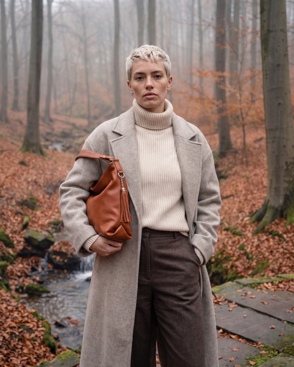 The Houle Soft in Cognac, cognac leather hobo bag on the forearm of a model on a stone footbridge in a misty autumn beech forest