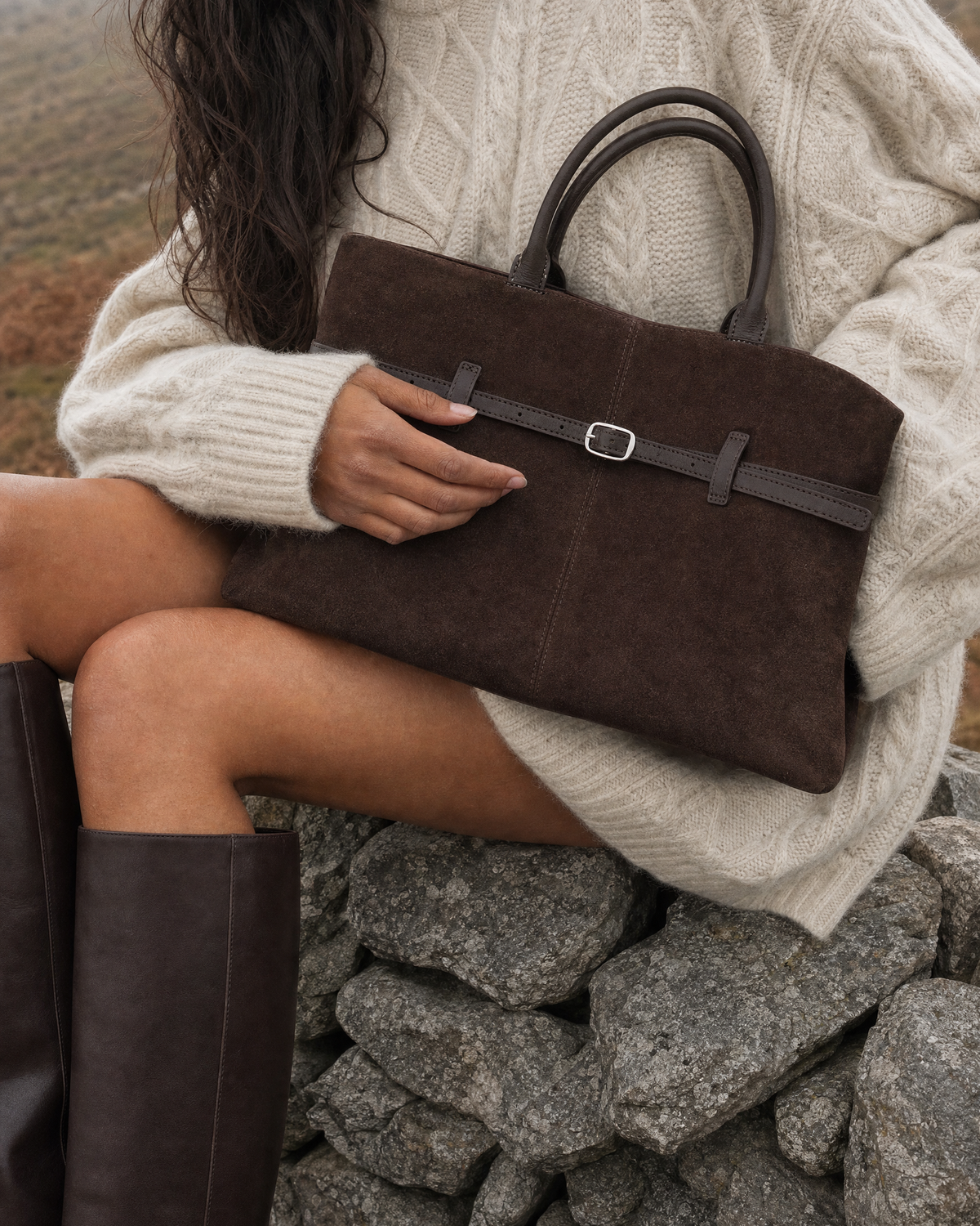 Detail of The Brume Belted Tote in Chocolate on a misty moor