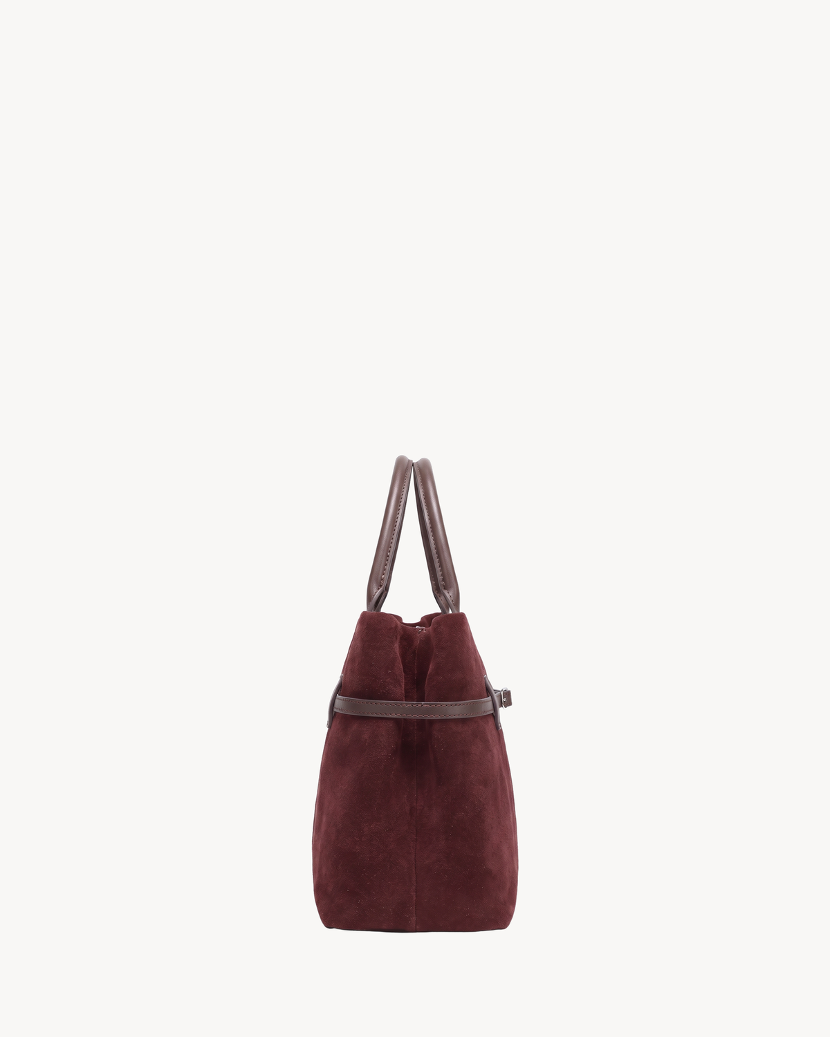 The Brume Belted Tote in Bordeaux, side view showing depth